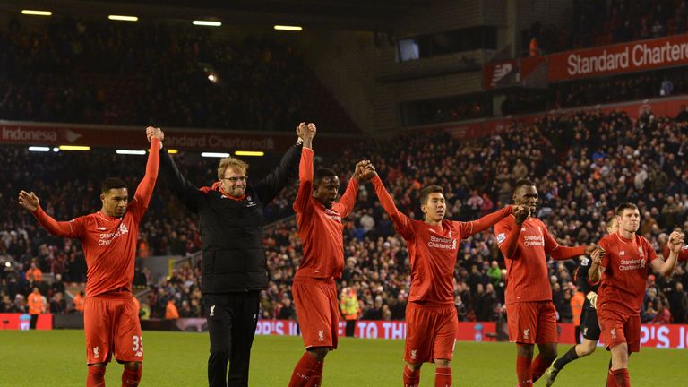 Liverpool players celebrate after Divock Origi equaliser v West Brom, Premier League