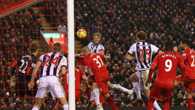 Jonas Olsson scores for West Brom against Liverpool