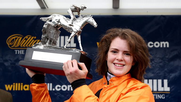 Lizzie Kelly celebrates winning the Kauto Star Novices' Chase at Kempton Park.