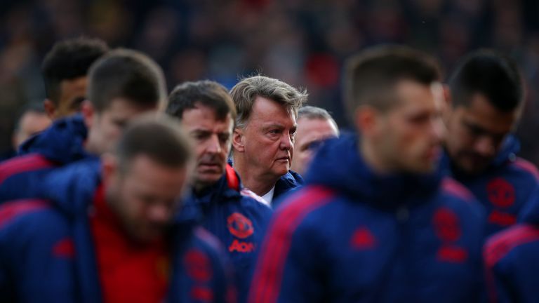 Manchester United boss Louis van Gaal walks out at the Britannia Stadium before kick-off against Stoke