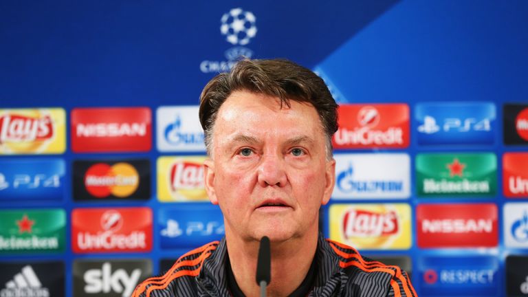 Louis van Gaal, manager of Manchester United attends a press conference prior to the UEFA Champions League match against VfL Wolfsburg 