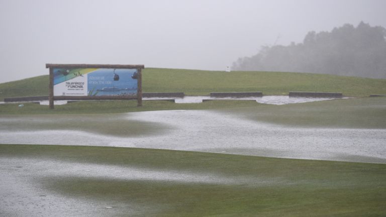 FUNCHAL, MADEIRA, PORTUGAL - MARCH 22: The fiest tee area and the putting green under water prior to the second and final round of the Madeira Islands Open