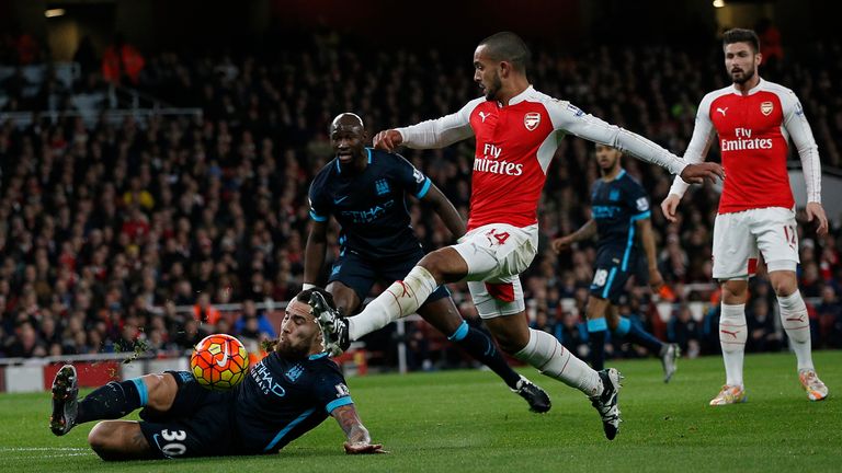 Manchester City's Nicolas Otamendi (L) blocks a shot from Arsenal's Theo Walcott