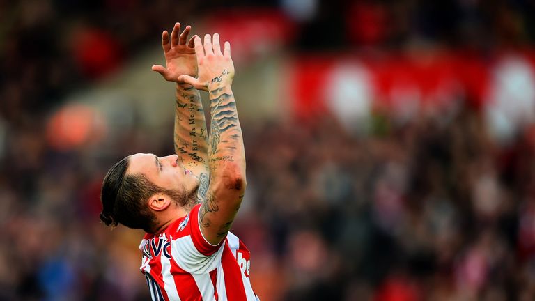 Stoke's Marko Arnautovic celebrates after scoring his team's second goal against Manchester United