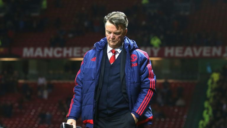 Louis van Gaal of Manchester United walks off after the Premier League draw with West Ham United at Old Trafford on December 05, 2015