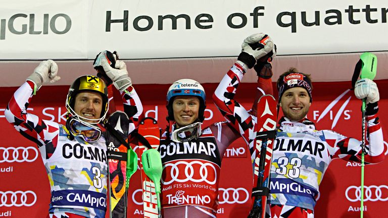 Hirscher (far left) took second behind Henrik Kristofferson (centre)