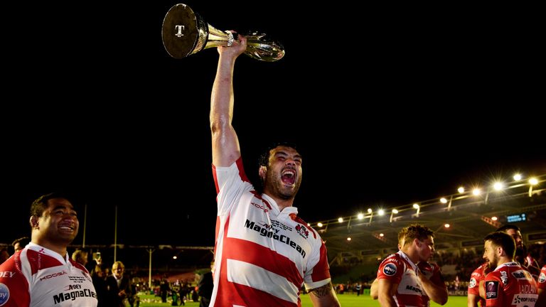 Mariano Galarza celebrates with the trophy after Gloucester's European Challenge Cup success