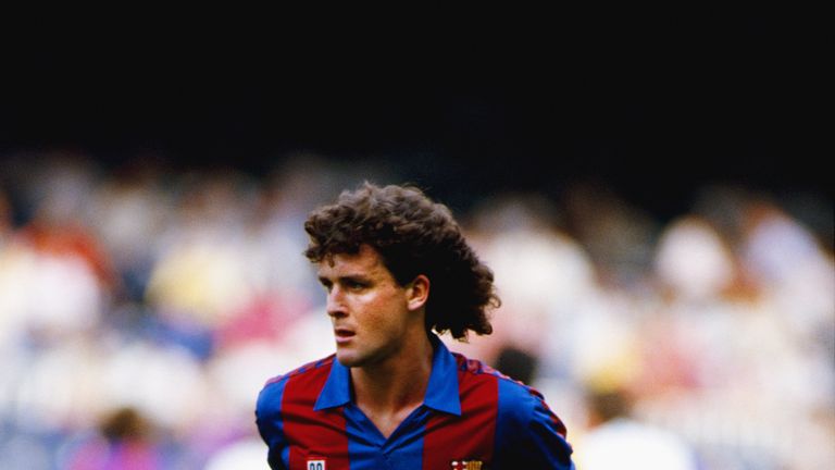 New Barcelona signing Mark Hughes pictured in action at the Nou Camp stadium in August 1986 in Barcelona, Spain.