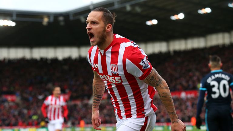 Marko Arnautovic of Stoke City celebrates scoring his team's first goal during the Barclays Premier League match against Manchester City