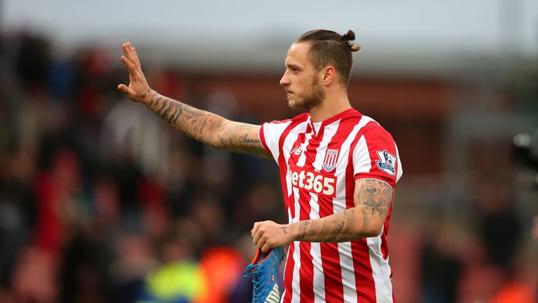 Marko Arnautovic of Stoke City applauds the supporters after his team's 2-0 win against Manchester City