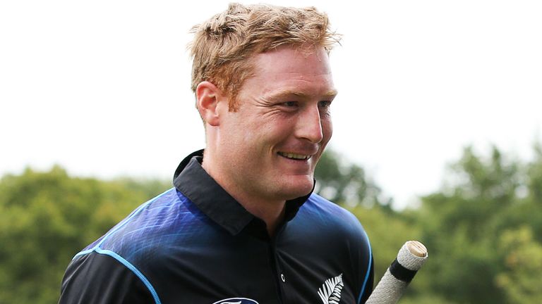 Martin Guptill of New Zealand leaves the field after scoring 93 not out from 8.2 overs 