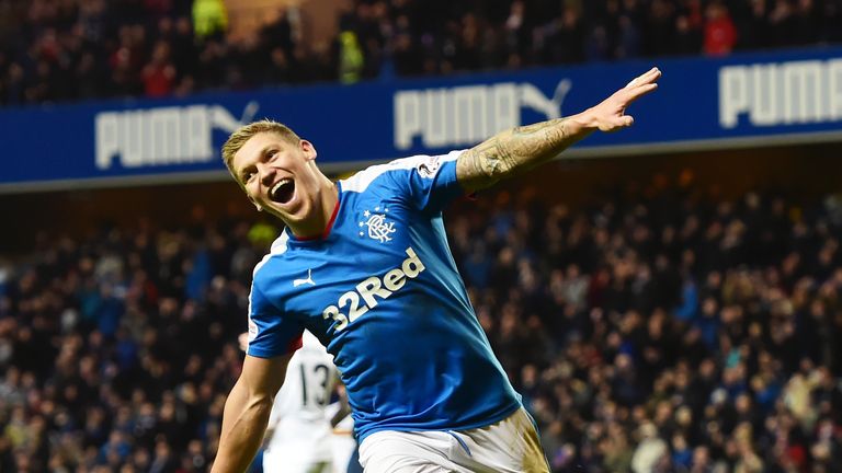 Rangers striker Martyn Waghorn celebrates after giving his side the 2-0 lead against Dumbarton