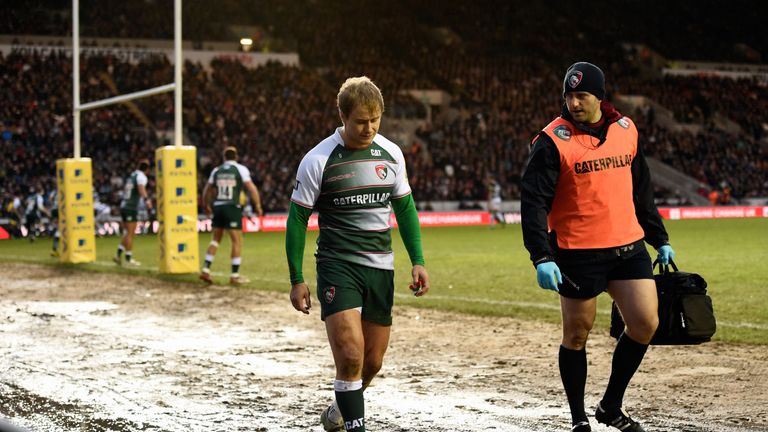 Tigers player Mathew Tait leaves the field with an injury in the first minute during the Aviva Premiership match between Leicester Tigers and Bath