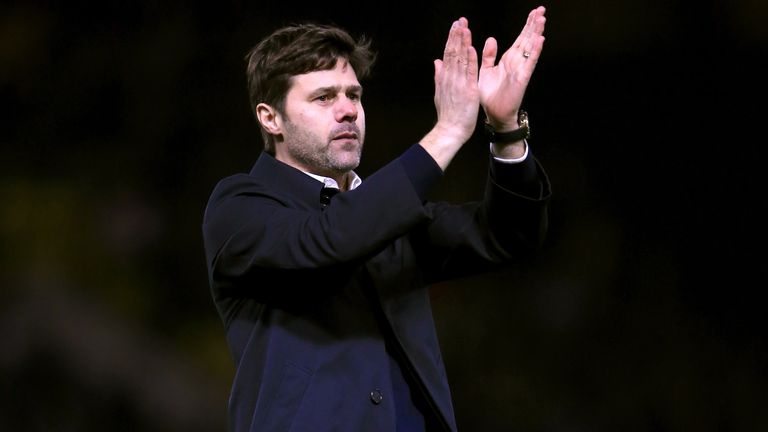 Tottenham Hotspur manager Mauricio Pochettino celebrates victory after the final whistle by applauding the away fans during the Barclays Premier League mat