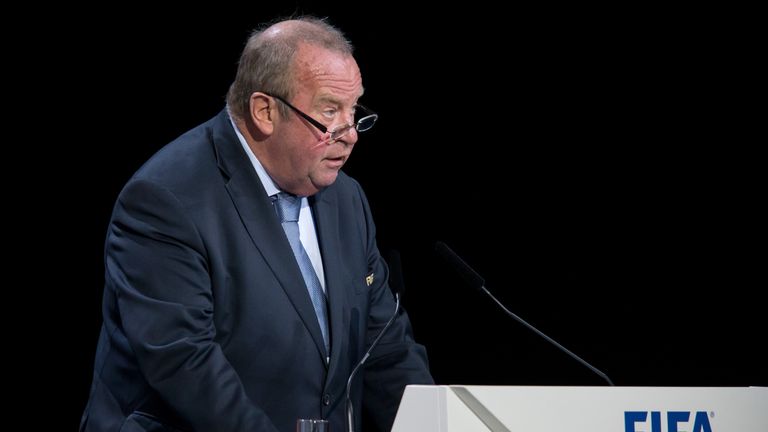 Michel D'Hooghe, FIFA Executive Committee member, gives a speech during the 65th FIFA Congress at Hallenstadion
