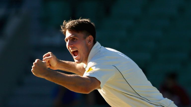 MELBOURNE, AUSTRALIA - DECEMBER 29: Mitch Marsh of Australia celebrates getting the final wicket and winning the match during day four of the Second Test m