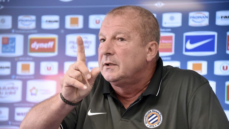 Montpellier's French coach Rolland Courbis gestures during a press conference in Montpellier on August 6 2015 ahead of Montpellier's season-opening Ligue 1