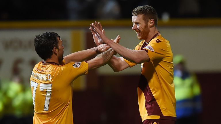 Motherwell's Stephen Pearson celebrates his goal against St Johnstone with Scott McDonald 