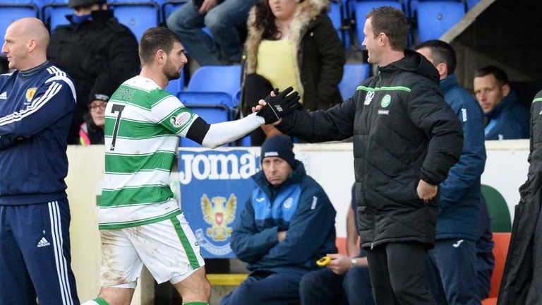 Nadir Ciftci shakes hands with Ronny Deila after being subbed in 3-0 win at St Johnstone in Perth