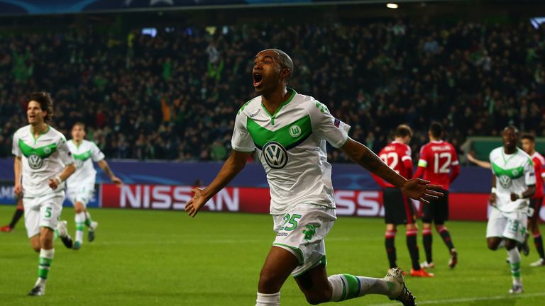 Naldo celebrates after scoring the winning goal for Wolfsburg over Manchester United