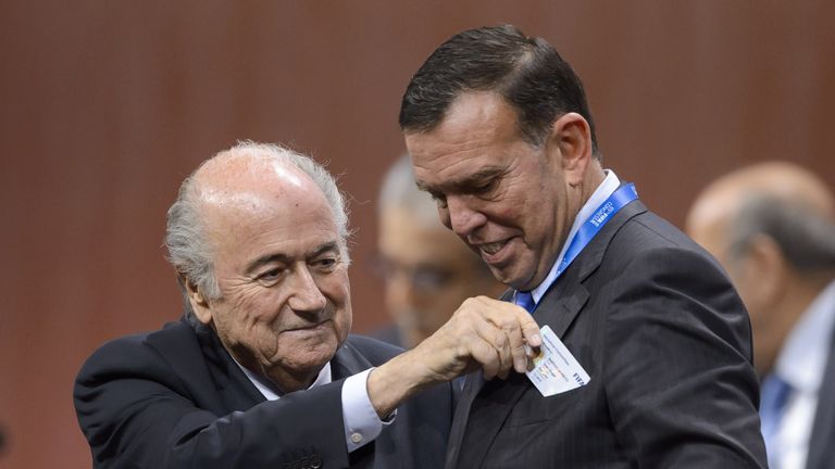 Sepp Blatter (left) and now former CONMEBOL president Juan Angel Napout at a FIFA meeting in May