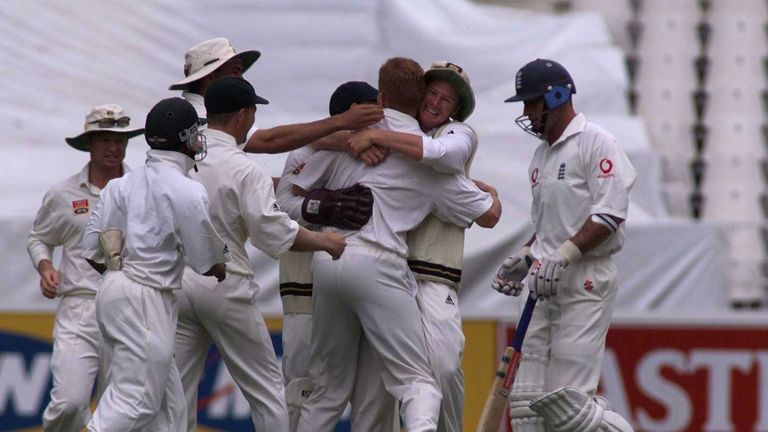 Nasser Hussain is caught behind off Shaun Pollock in the first Test  of 1999