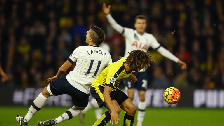 Watford's Nathan Ake fouls Erik Lamela of Tottenham Hotspur resulting in a red card