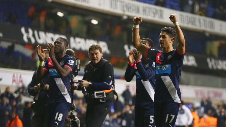 Winning goalscorer Ayoze Perez of Newcastle United (17) and team-mates applaud the travelling fans after the Barclays Premier League match at Tottenham