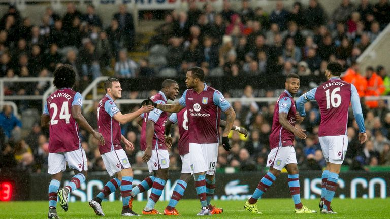 Jordan Ayew celebrates his goal for Aston Villa during the Premier League match against Newcastle United at St James' Park on December 19, 2015