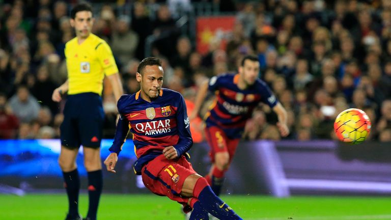 Neymar slips as he takes the first-half penalty against Real Betis