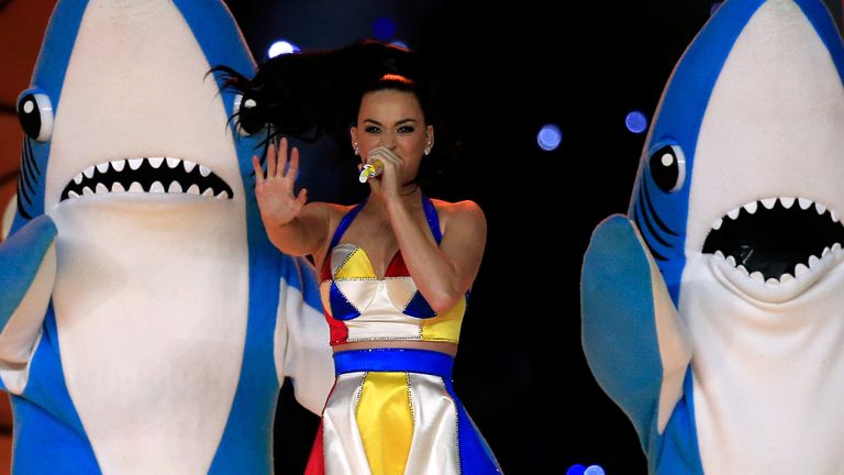 Singer Katy Perry performs with dancers during the Pepsi Super Bowl XLIX Halftime Show