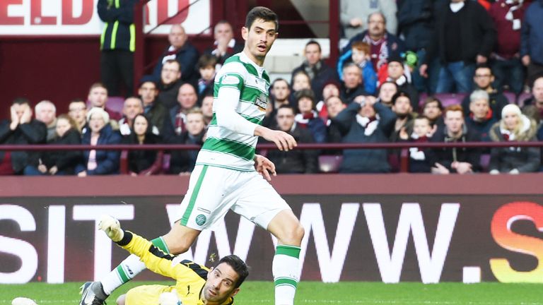 Nir Bitton scores Celtic's first goal against Hearts at Tynecastle
