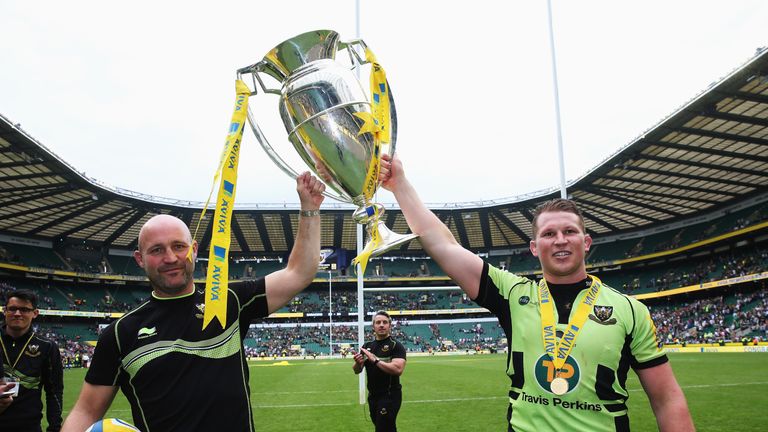 LONDON, ENGLAND - MAY 31:  The Northampton Saints Alex King and Dylan Hartley celebrate victory following the Aviva Premiership Final between Saracens and 