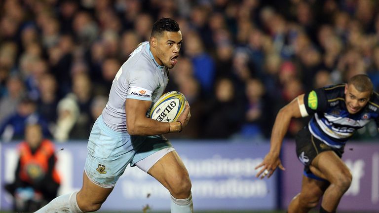 Northampton's Luther Burrell scores an intercept try during the Aviva Premiership match at the Recreation Ground, Bath.