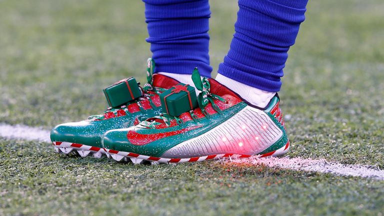 A detailed view of the Christmas themed sneakers of Odell Beckham