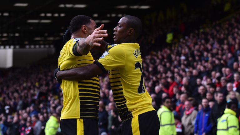 Odion Ighalo celebrates with Troy Deeney