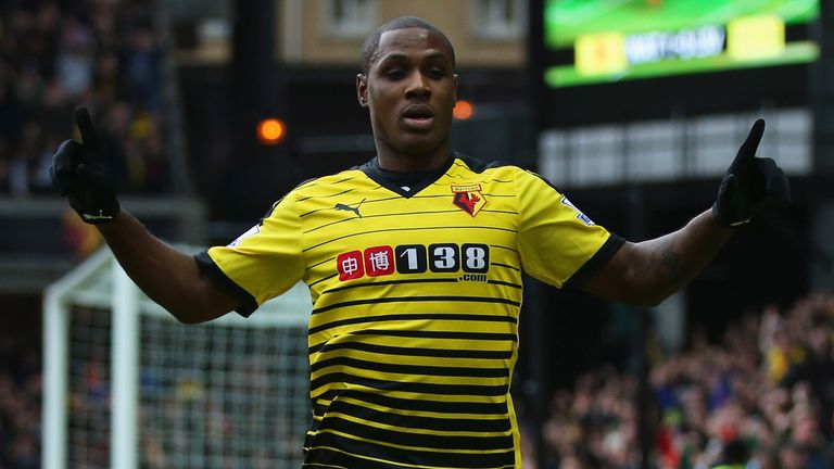 Odion Ighalo of Watford celebrates as he scores their second goal against Liverpool