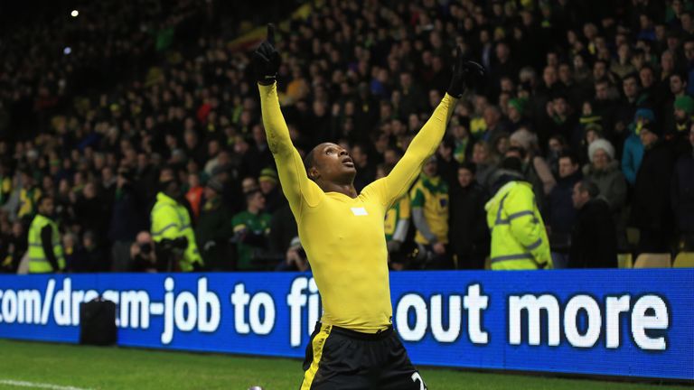 Odion Ighalo of Watford celebrates scoring his team's second goal during the Barclays Premier League match against Norwich