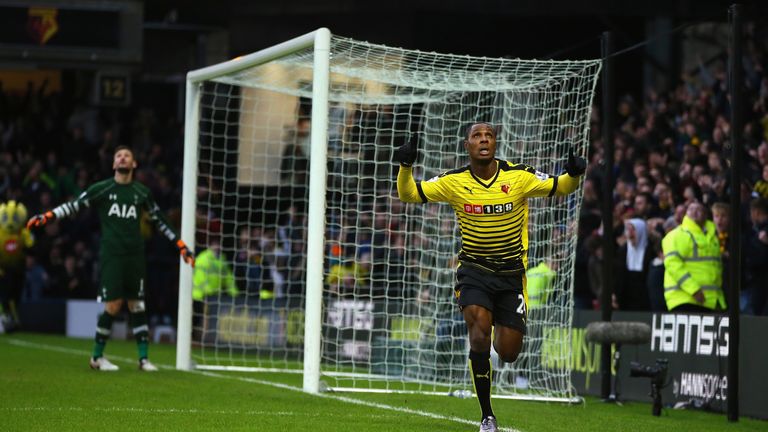 Odion Ighalo (R) of Watford celebrates scoring against Tottenham