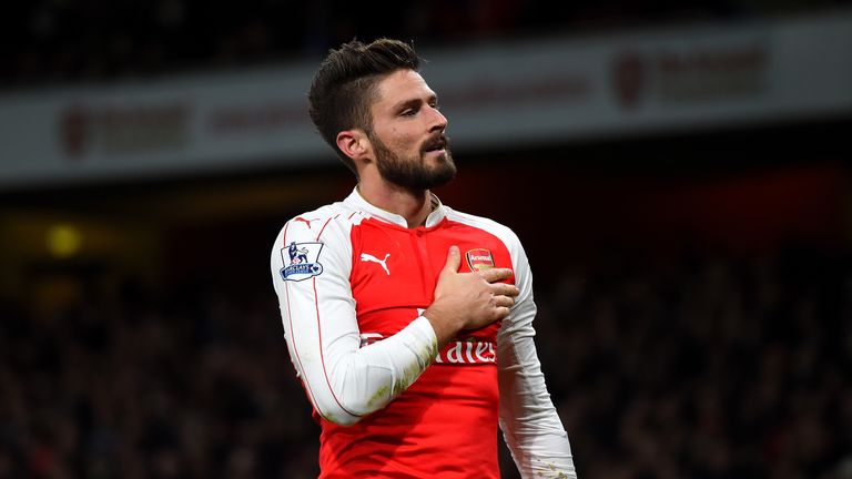 Olivier Giroud of Arsenal celebrates scoring his team's second goal during the Barclays Premier League match against Sunderland