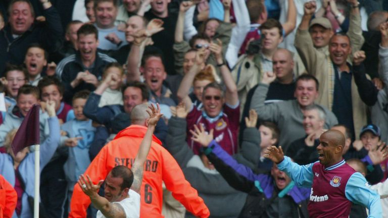 Paolo Di Canio of West Ham United celebrates scoring their first goal during the Premier League match against Chelsea in May 2003