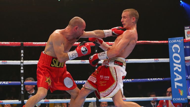 Paul Butler and Silvio Olteanu during their WBO European super flyweight title fight at the Manchester Arena on December