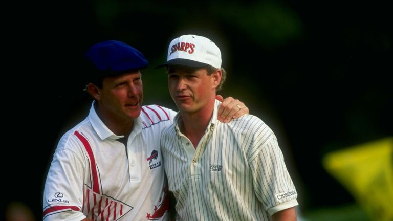 Payne Stewart congratulates Lee Janzen on winning the 1993 US Open, the first major covered live on Sky