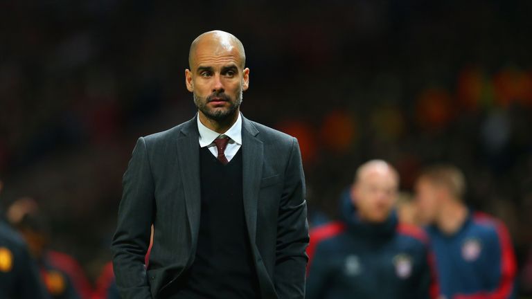MANCHESTER, ENGLAND - APRIL 01:  Pep Guardiola head coach of Bayern Muenchen at the end of match during the UEFA Champions League Quarter Final first leg m