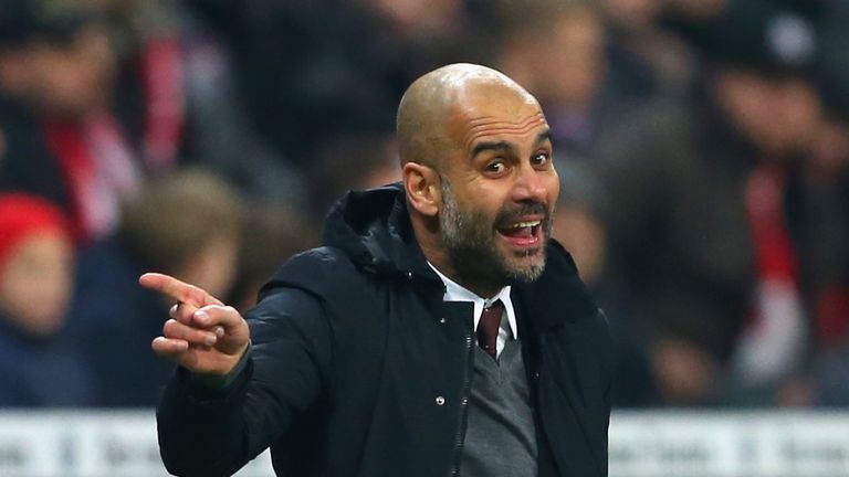 Pep Guardiola, head coach of Bayern Munich reacts