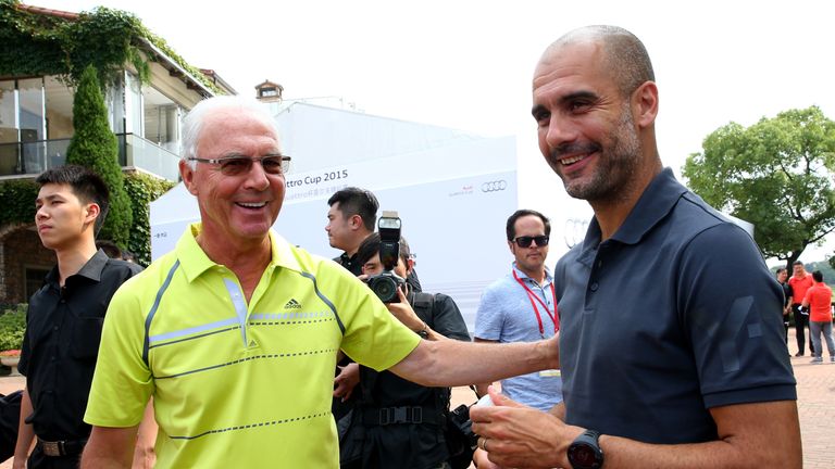Pep Guardiola talks to Franz Beckenbauer at the Audi quattro Cup 2015 at Sheshan Golf Club during day 4 of the FC Bayern Audi China Summer Pre-Season Tour