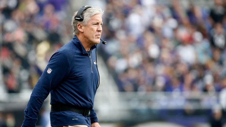BALTIMORE, MD - DECEMBER 13: Head coach Pete Carroll of the Seattle Seahawks looks on against the Baltimore Ravens in the first quarter at M&T Bank Stadium