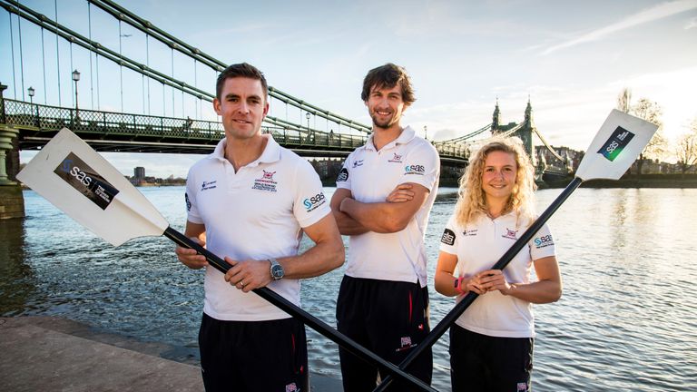 Jess Leyden alongside Team GB rowers Pete Reed (left) and Paul Bennett (centre)
