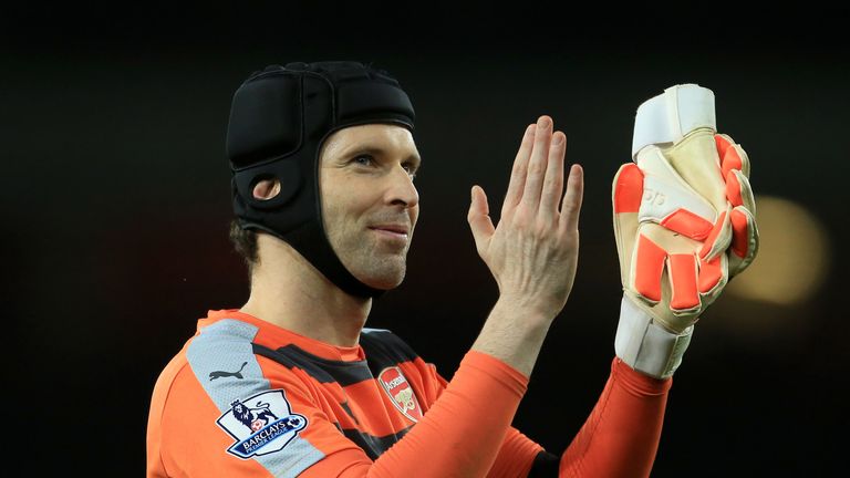 Arsenal goalkeeper Petr Cech applauds the fans at the end of the match during the Barclays Premier League match at The Emirates Stadium, London.