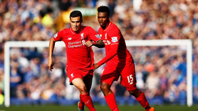 Philippe Coutinho (L) and Daniel Sturridge of Liverpool in action during the Barclays Premier League match between Everton and Liverpool
